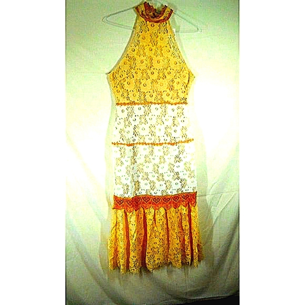 foxiedox Cream and Tan Lace Tiered Midi Dress